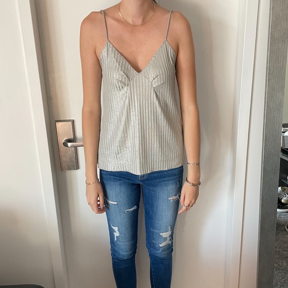 Zara Metallic Silver Pleated Spaghetti Strap Tank